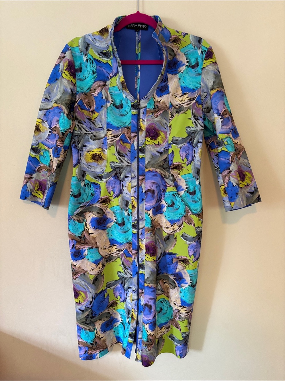 Maria Pinto Abstract Blue/Green Floral Zip-Front Tech Scuba Fabric Dress Size L
